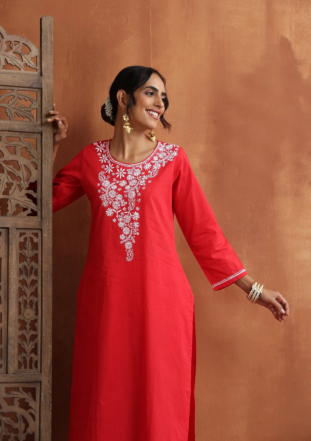 Cotton Chikankari Solid Women's 2 PC Long Kurta Set - Red