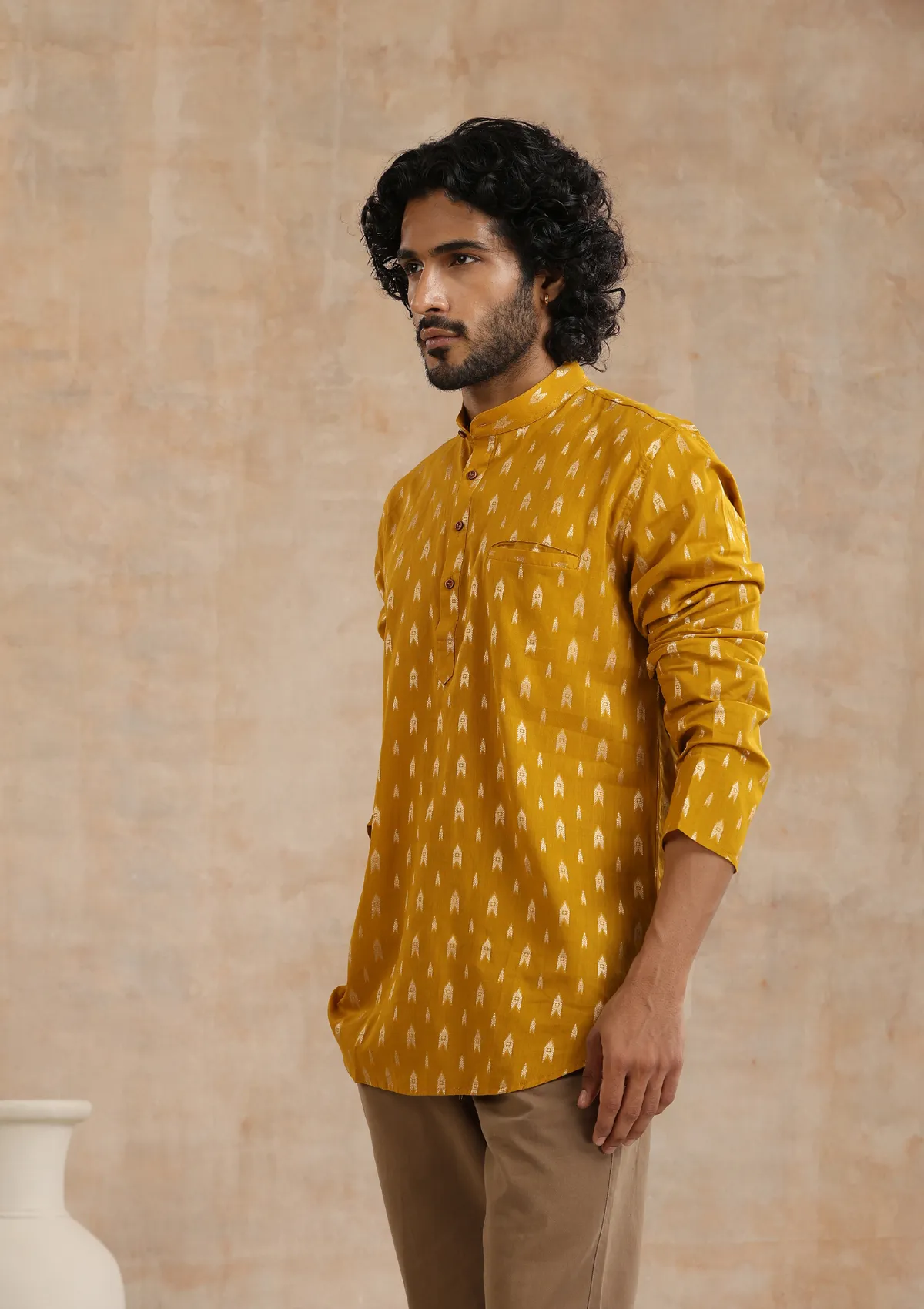 Cotton Jacquard Solid Men's Short Kurta - Mustard