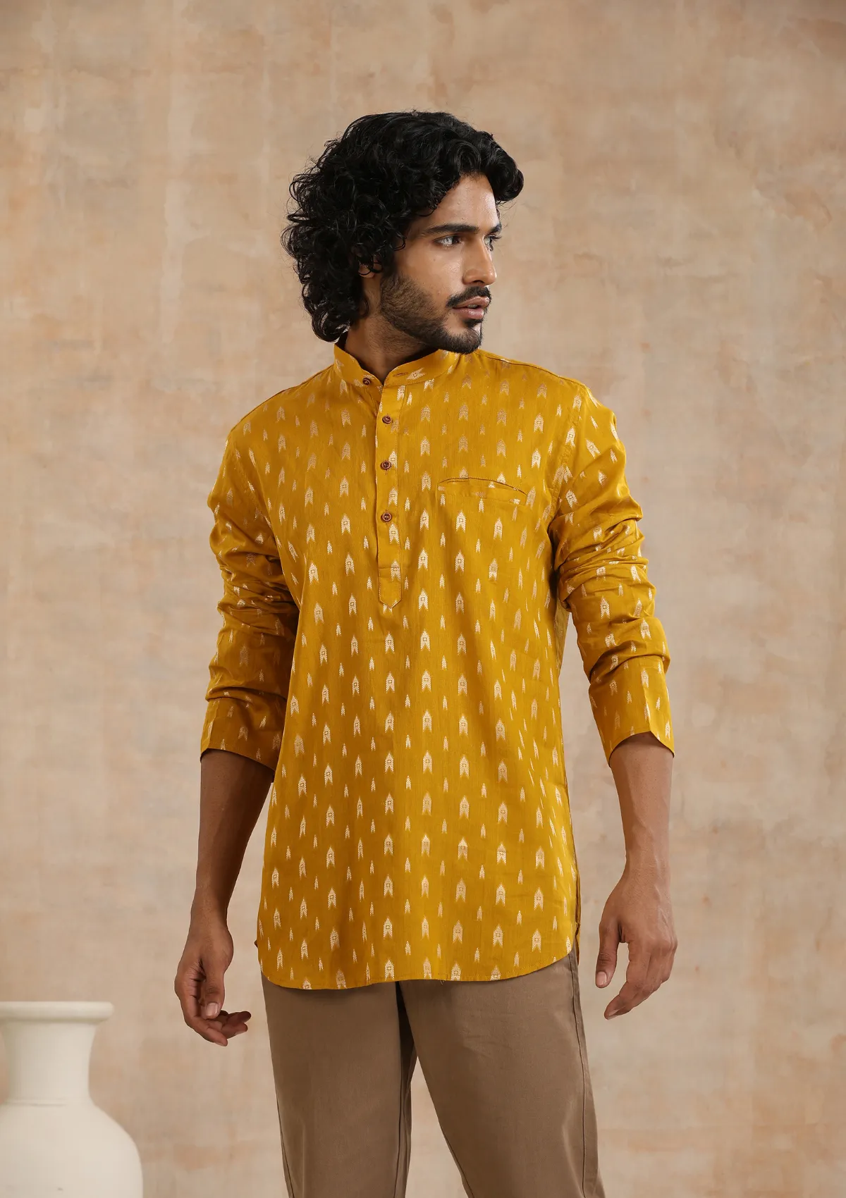 Cotton Jacquard Solid Men's Short Kurta - Mustard