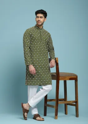 Cotton Schiffli Solid Men's Long Kurta - Green