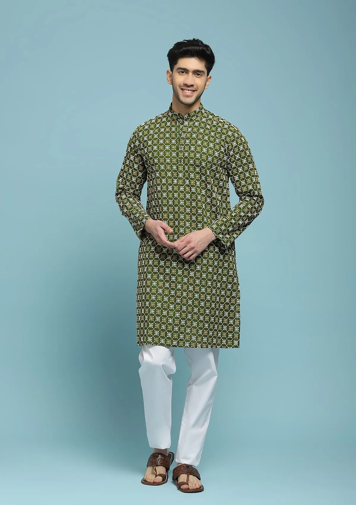 Cotton Schiffli Solid Men's Long Kurta - Green