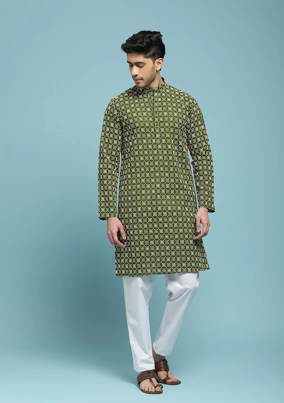 Cotton Schiffli Solid Men's Long Kurta - Green