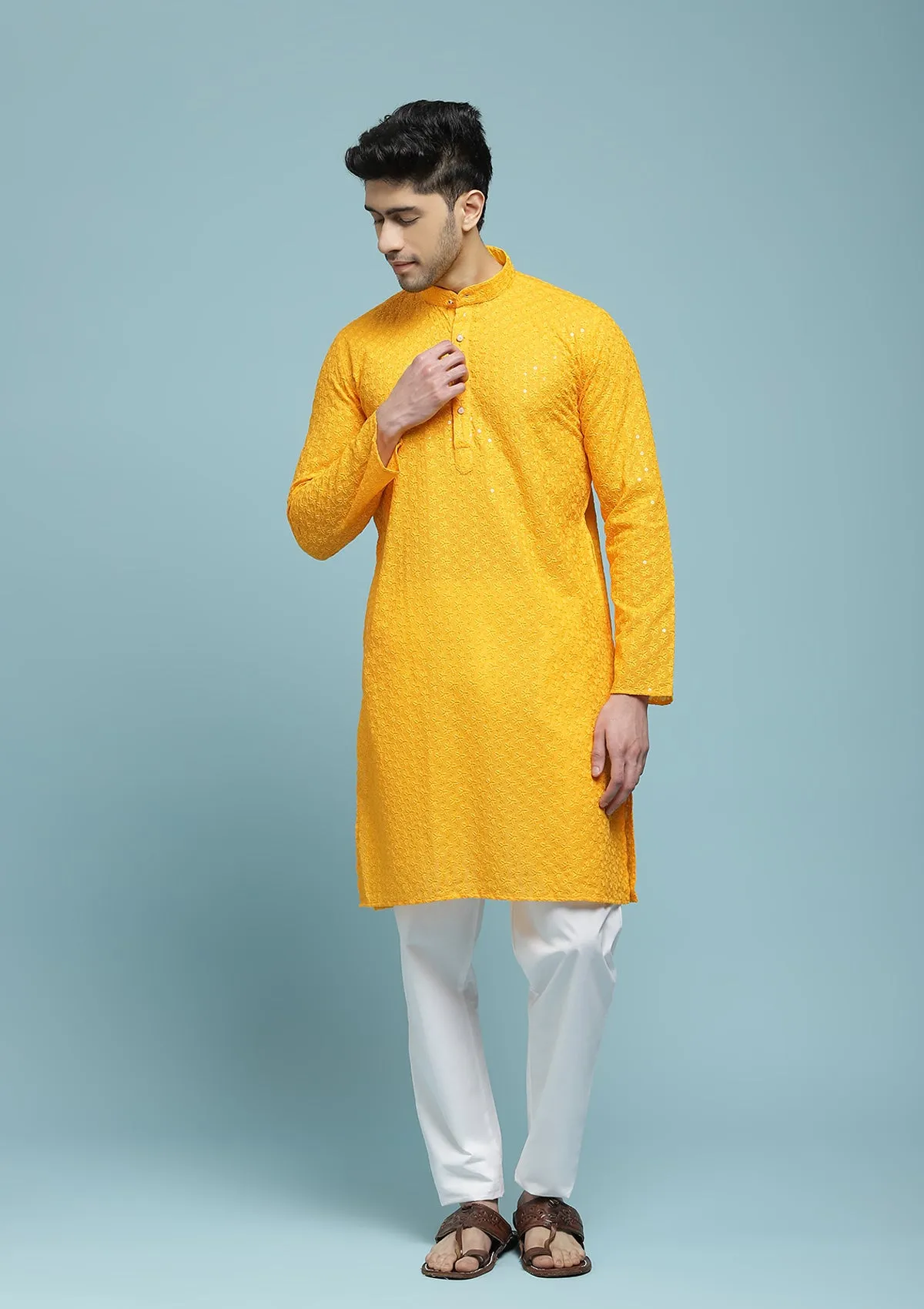 Cotton Schiffli With Sequins Solid Men's Long Kurta - Yellow