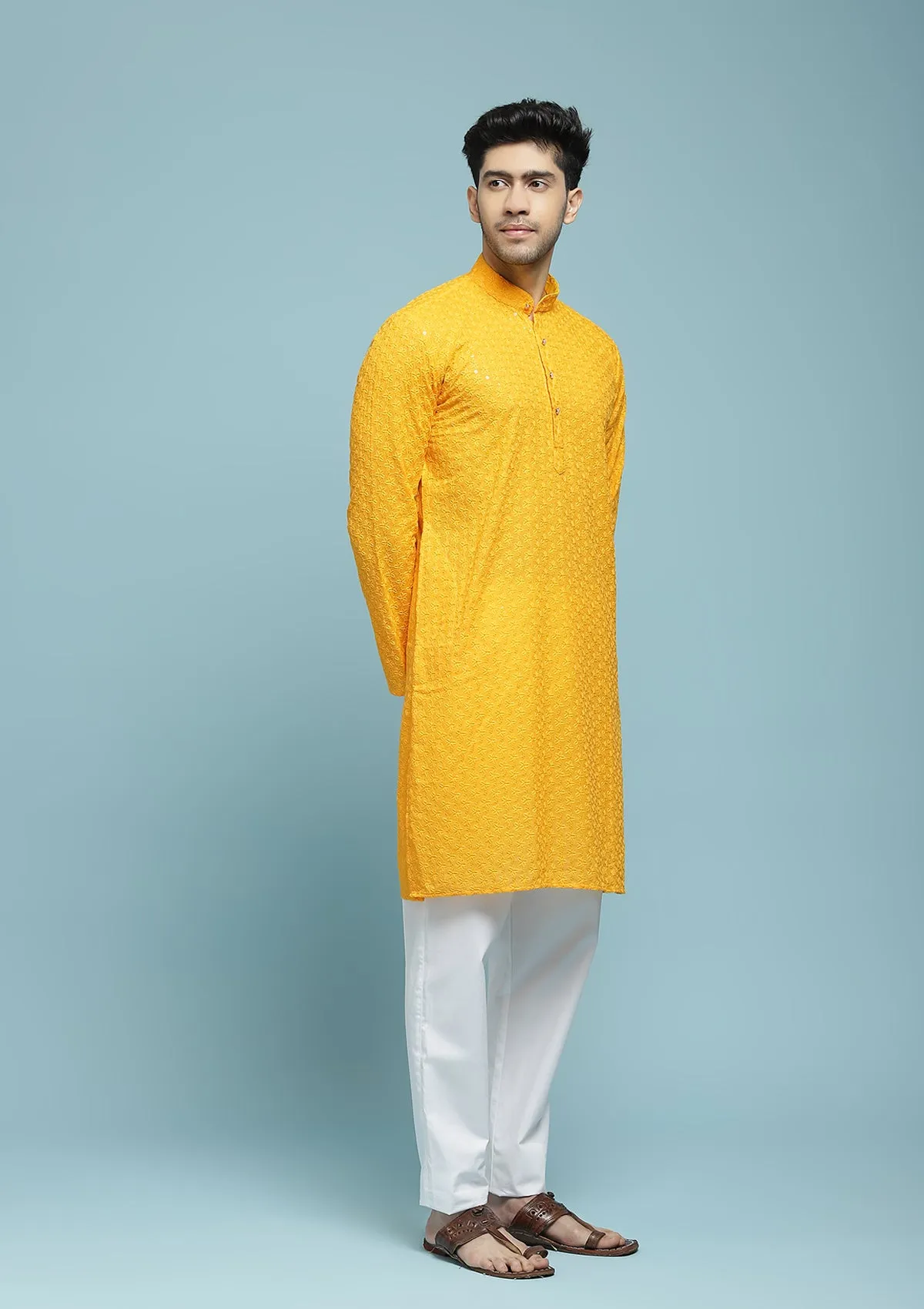 Cotton Schiffli With Sequins Solid Men's Long Kurta - Yellow