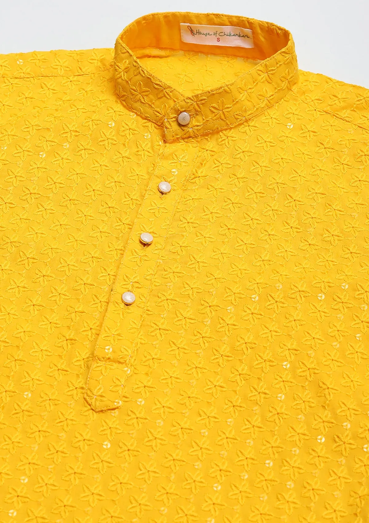 Cotton Schiffli With Sequins Solid Men's Long Kurta - Yellow