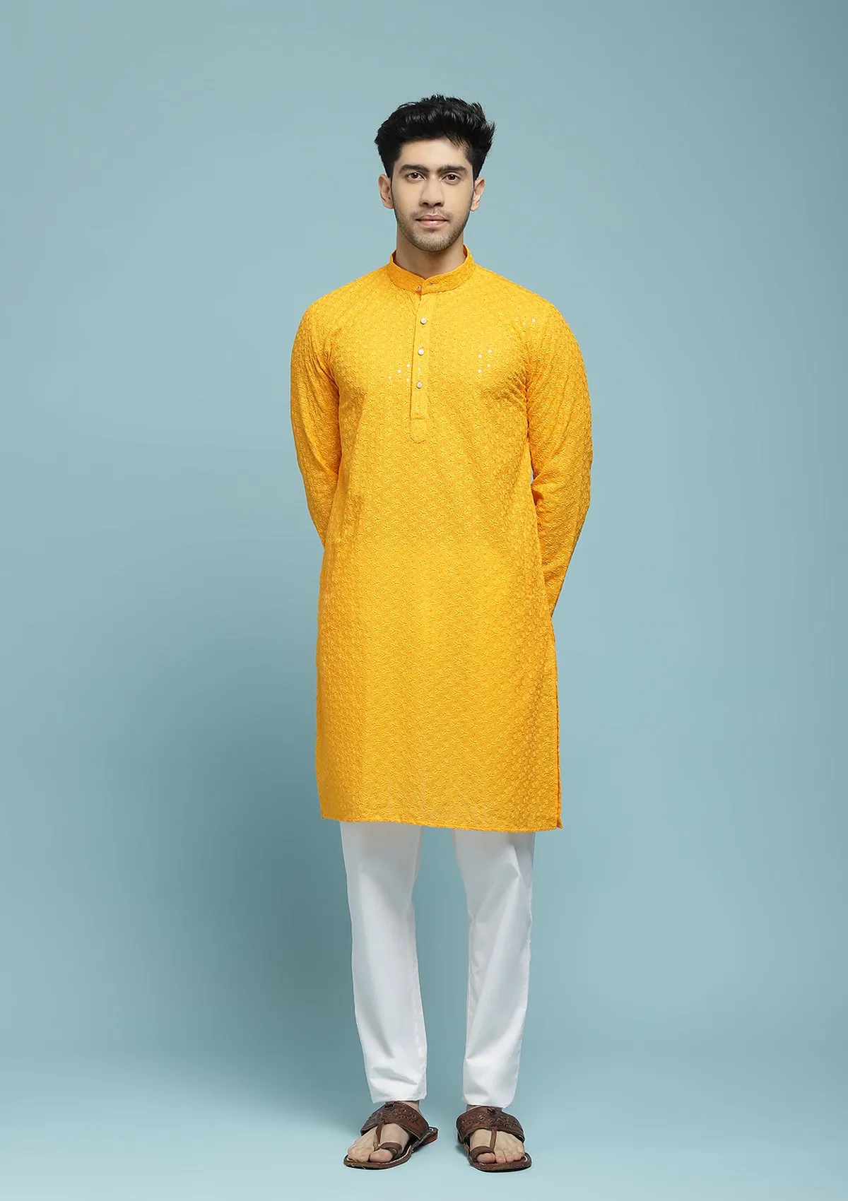 Cotton Schiffli With Sequins Solid Men's Long Kurta - Yellow