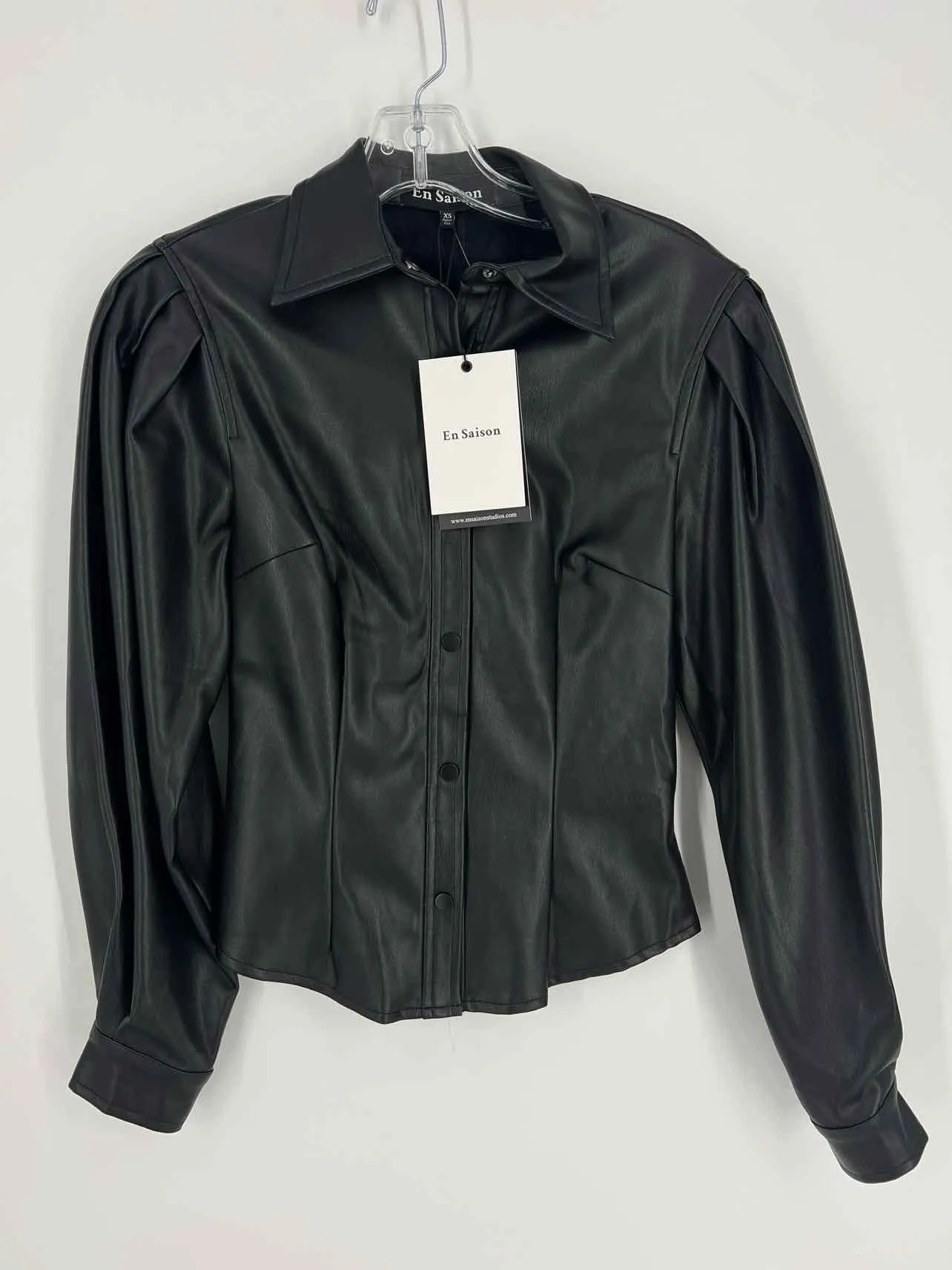 En Saison Size XS Black Faux Leather NEW Designer Blouse