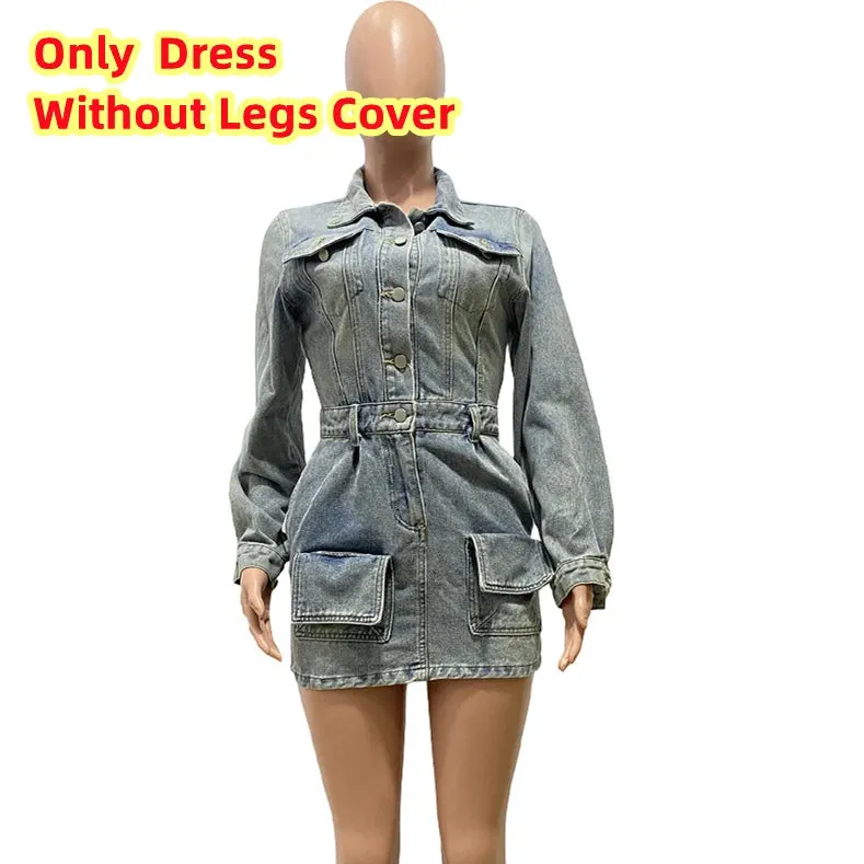 FAGADOER Fashion Button Long Sleeve Denim Mini Dress