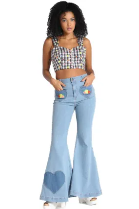 Hell Bunny Molly Flared Jeans in Blue Fruit Embroidery and Hearts STRETCHY