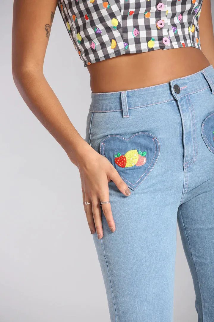 Hell Bunny Molly Flared Jeans in Blue Fruit Embroidery and Hearts STRETCHY