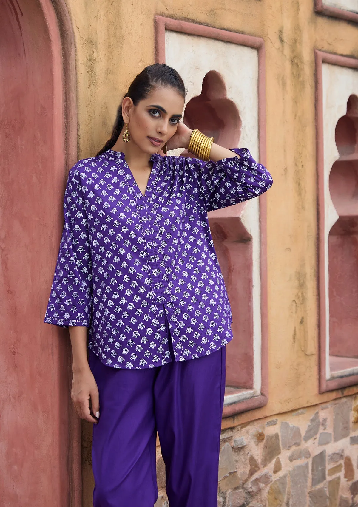 HOC Crafts Glazed Cotton Hand Block Printed with Hand Embroidery Women's Short Kurta - Dark Purple