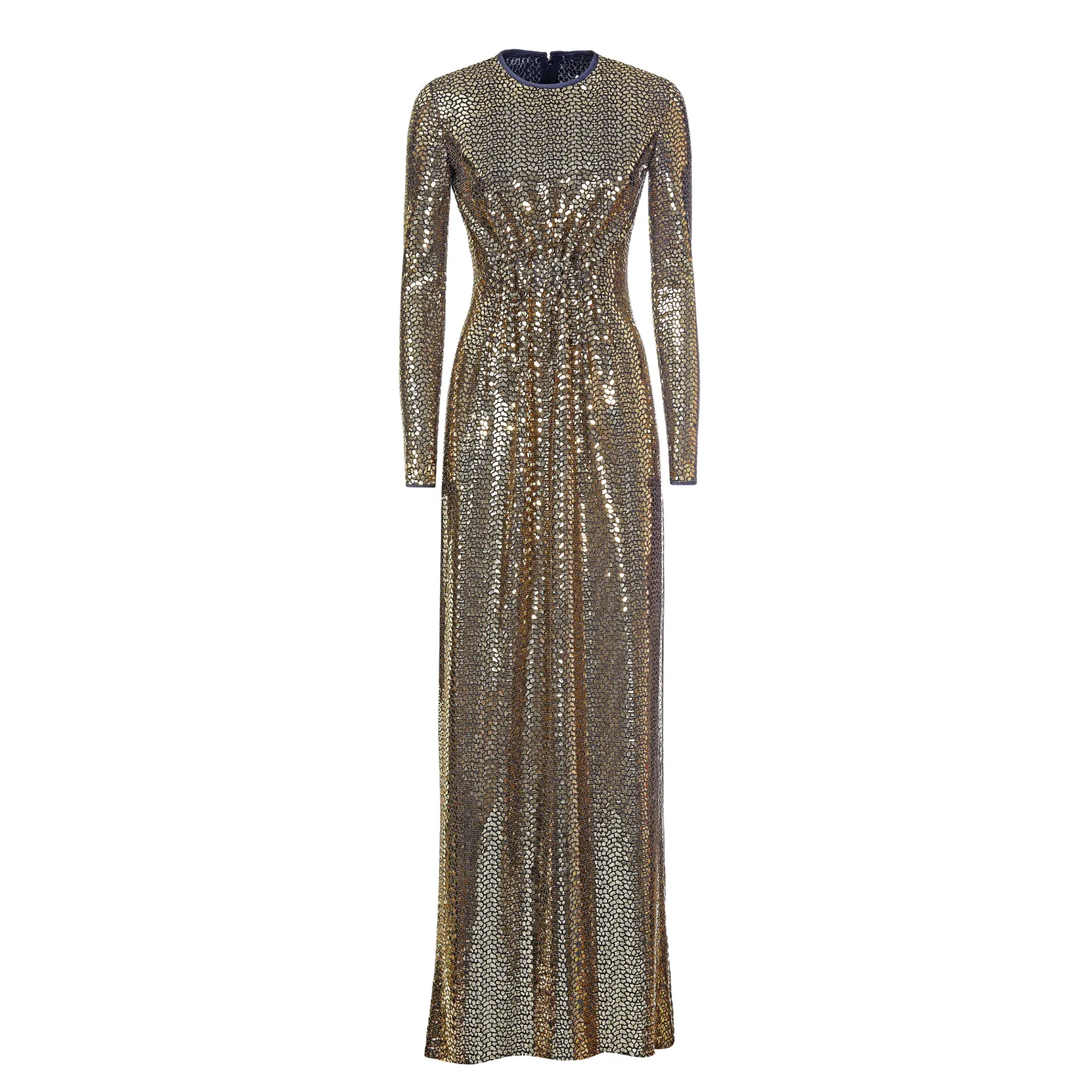 Long Sleeve Ruched Waist Gown - Gold   Black