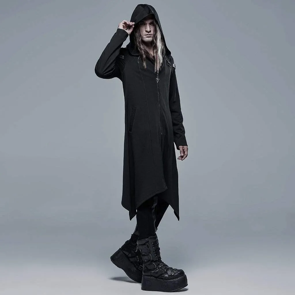 Men's Gothic Front Zip Splice Long Coat with Hood