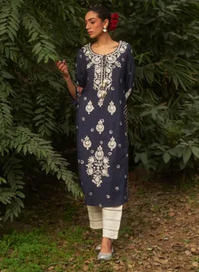 Midnight Blue Floral Embroidered Nargis Kurta