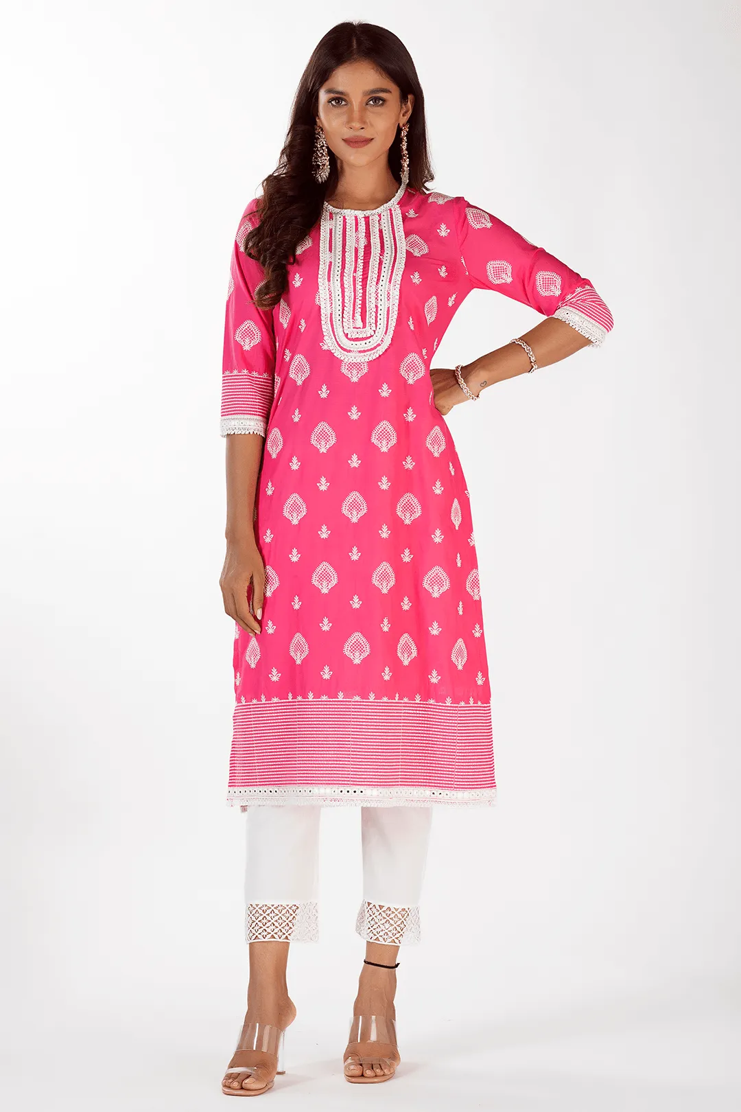 Mulmul Cotton Gene Fuchsia Kurta With Fern Pant White