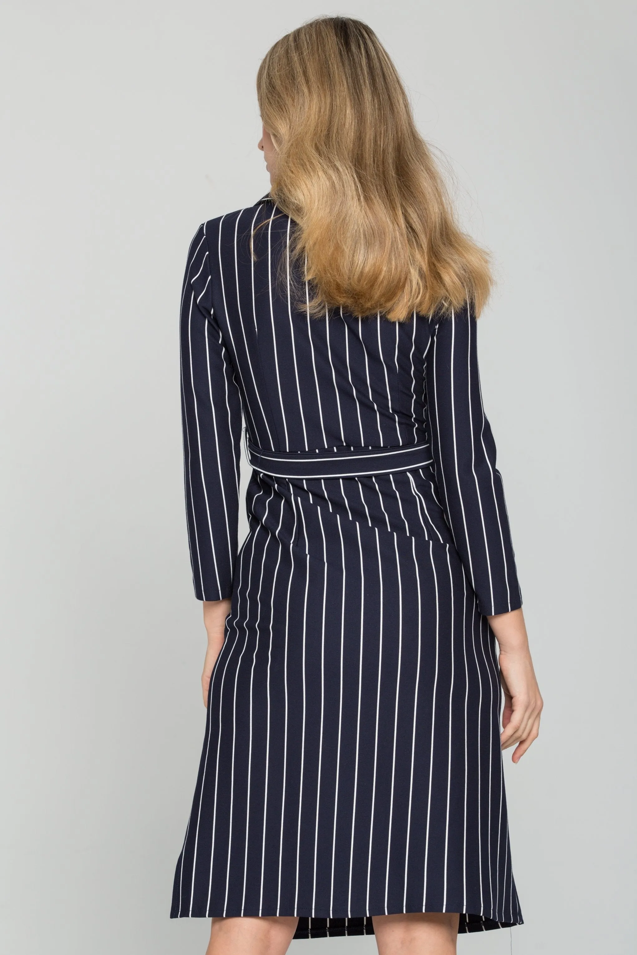 Navy Blue and White Stripes Full Sleeves Midi Dress