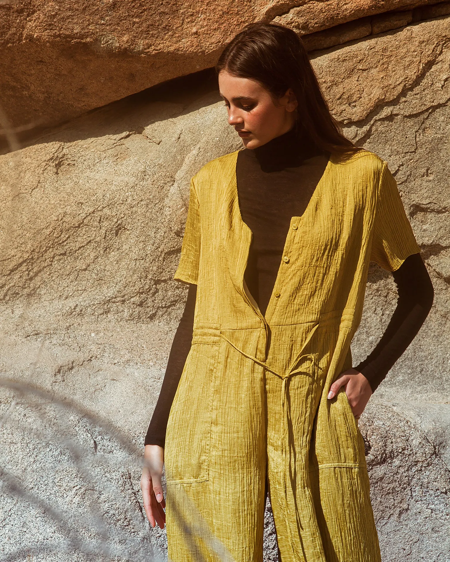 Ola Pleats Jumpsuit / Mustard Green