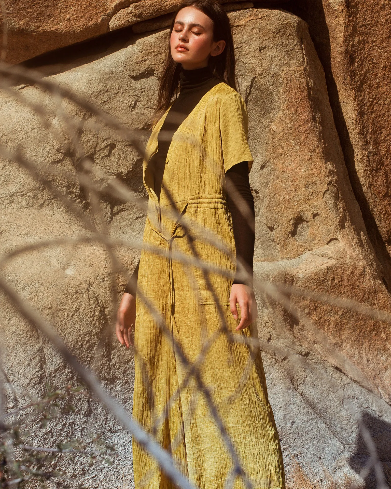 Ola Pleats Jumpsuit / Mustard Green