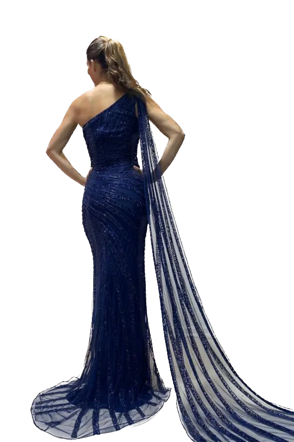 One Shoulder Beaded Evening Dress