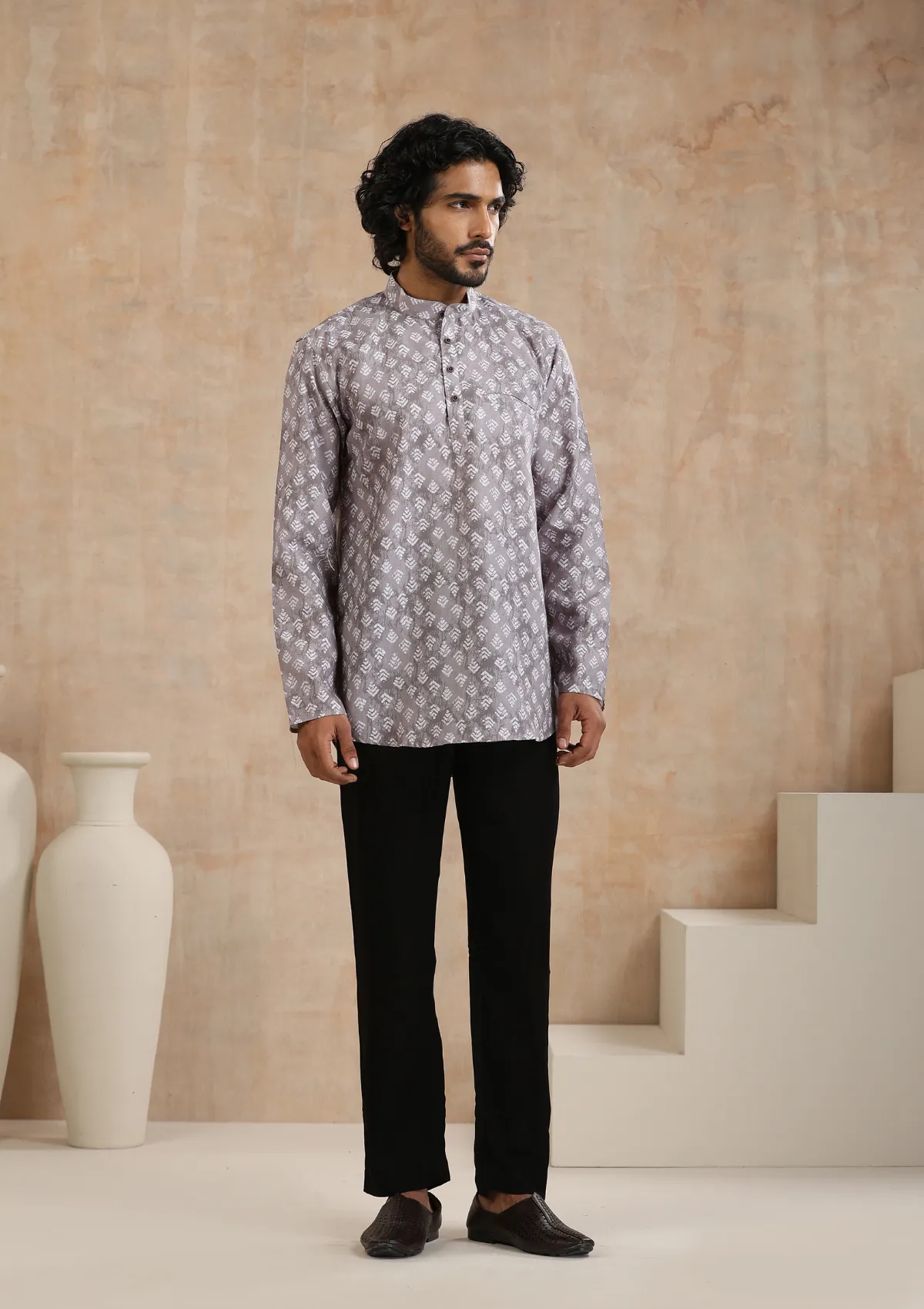 Poly Cotton Printed Men's Short Kurta - Grey