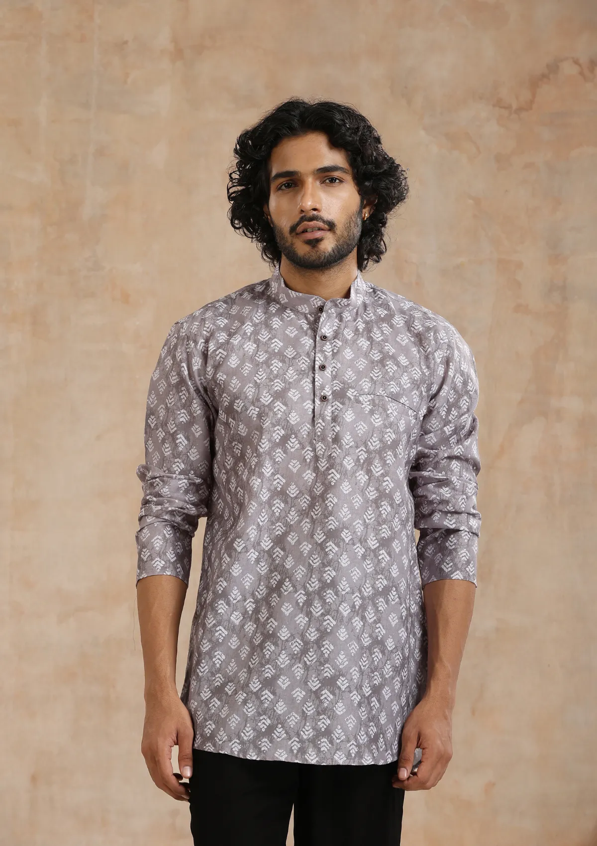 Poly Cotton Printed Men's Short Kurta - Grey