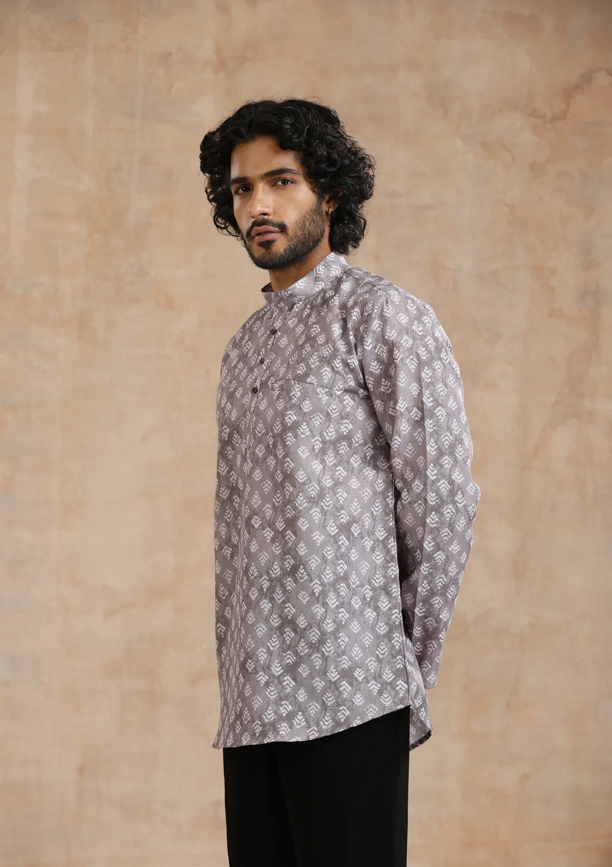 Poly Cotton Printed Men's Short Kurta - Grey