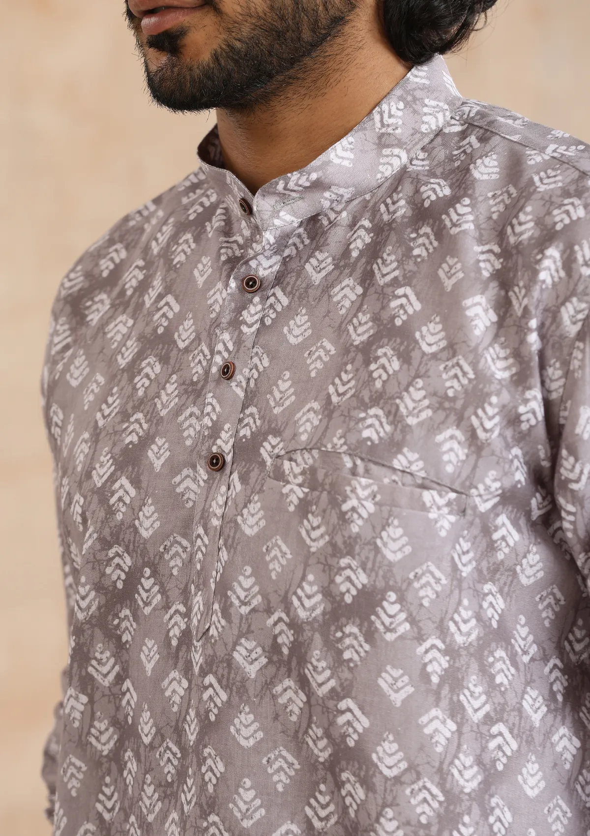 Poly Cotton Printed Men's Short Kurta - Grey