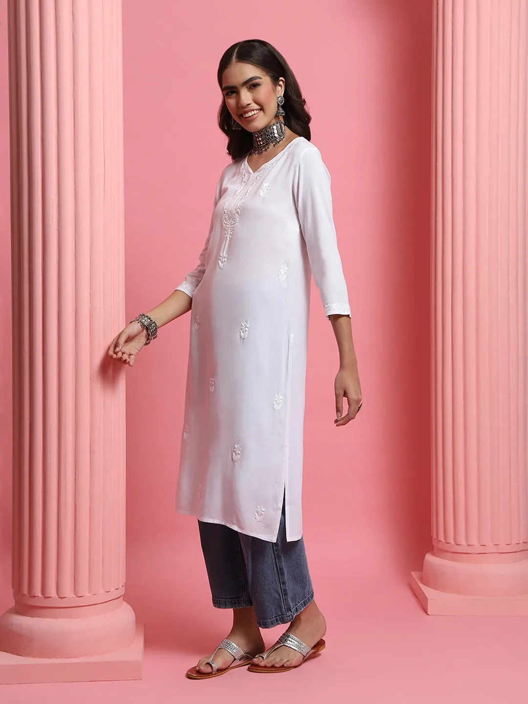 Rayon Chikankari Solid Women's Long Kurta - White