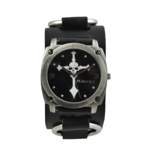 Skull Cross Black Watch with Ring Black Leather Cuff