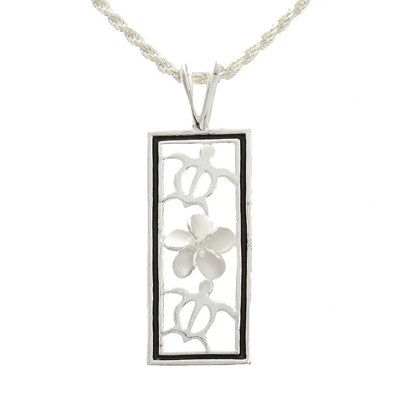 Sterling Silver 2 Honu (Turtle) and Plumeria with CZ Black Border Vertical Pendant (Chain Sold Separately)