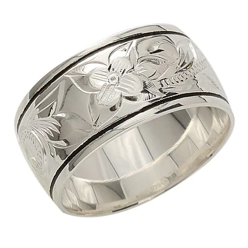 Sterling Silver Hawaiian Scroll Black Border Ring 10mm