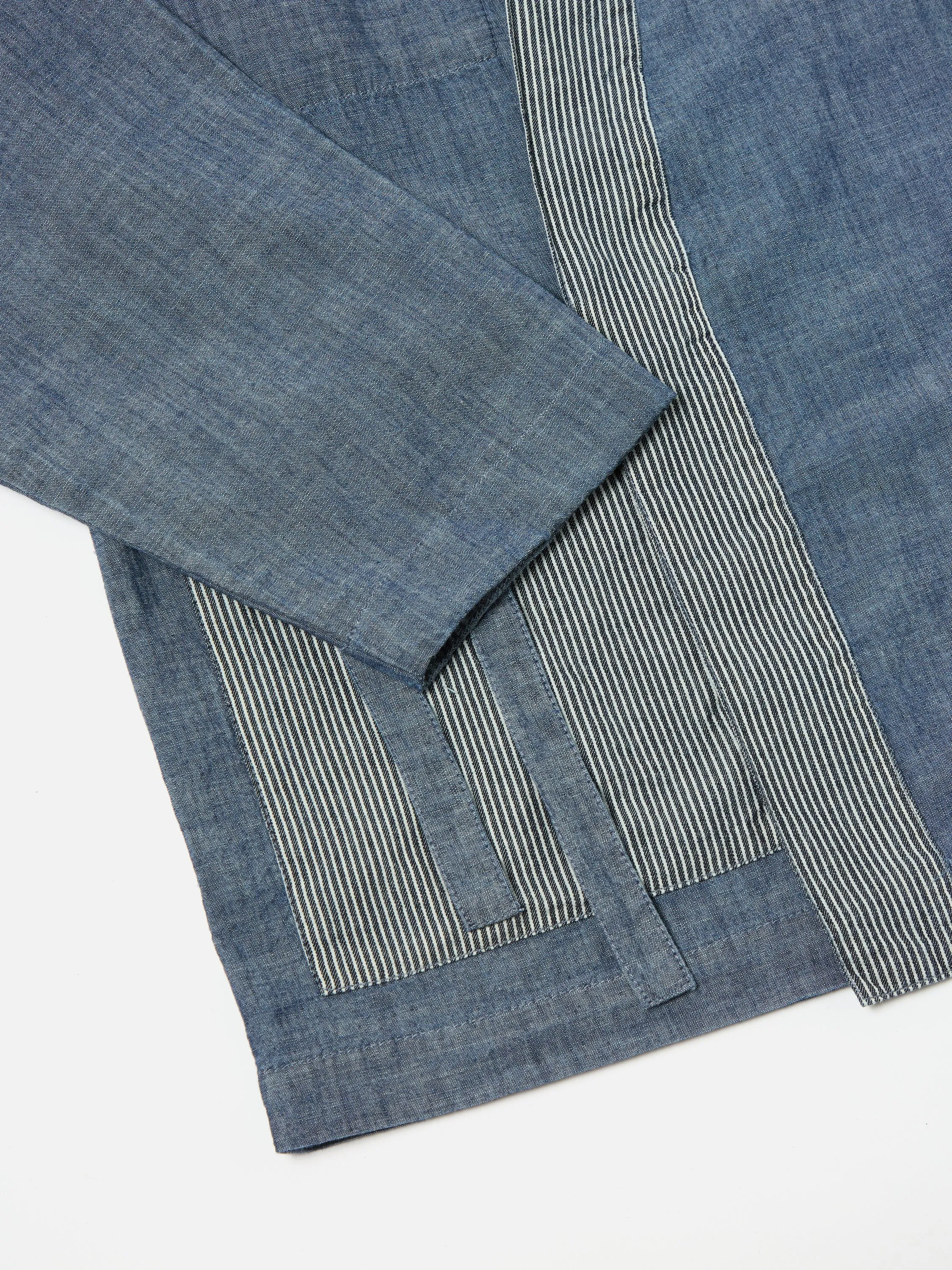 Universal Works Patched Kyoto Work Jacket in Indigo Chambray/Hickory Stripe Denim