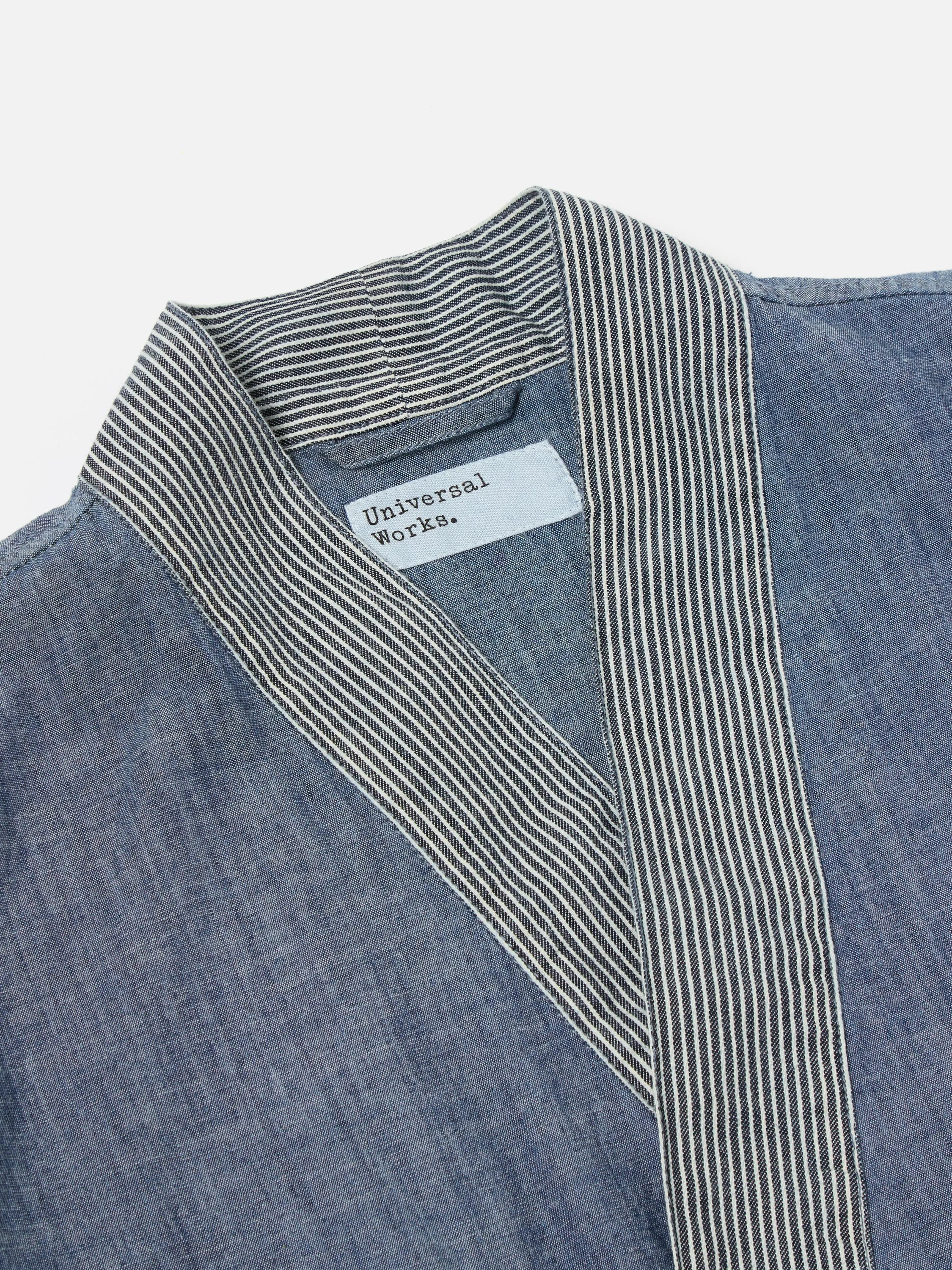 Universal Works Patched Kyoto Work Jacket in Indigo Chambray/Hickory Stripe Denim