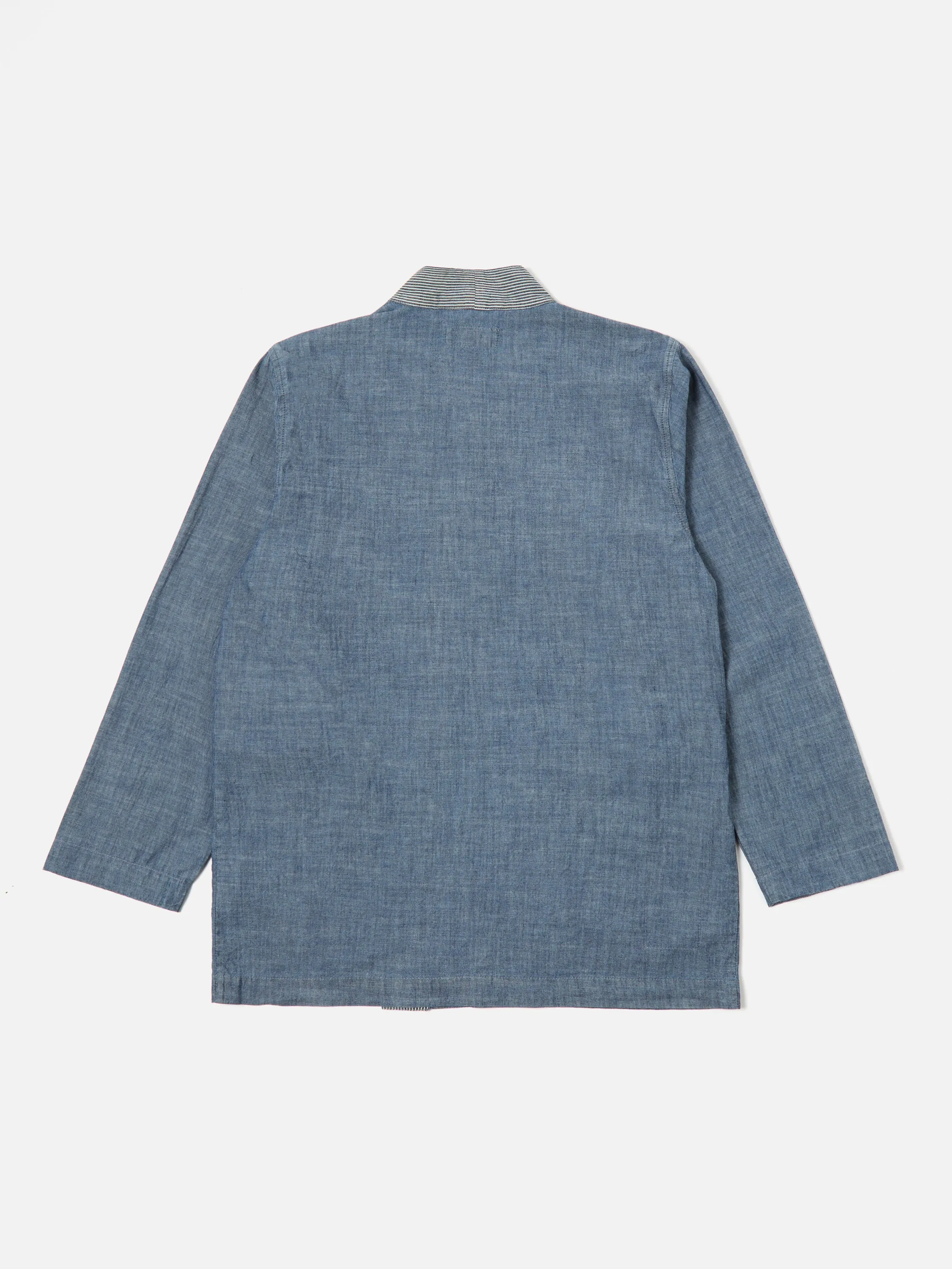 Universal Works Patched Kyoto Work Jacket in Indigo Chambray/Hickory Stripe Denim