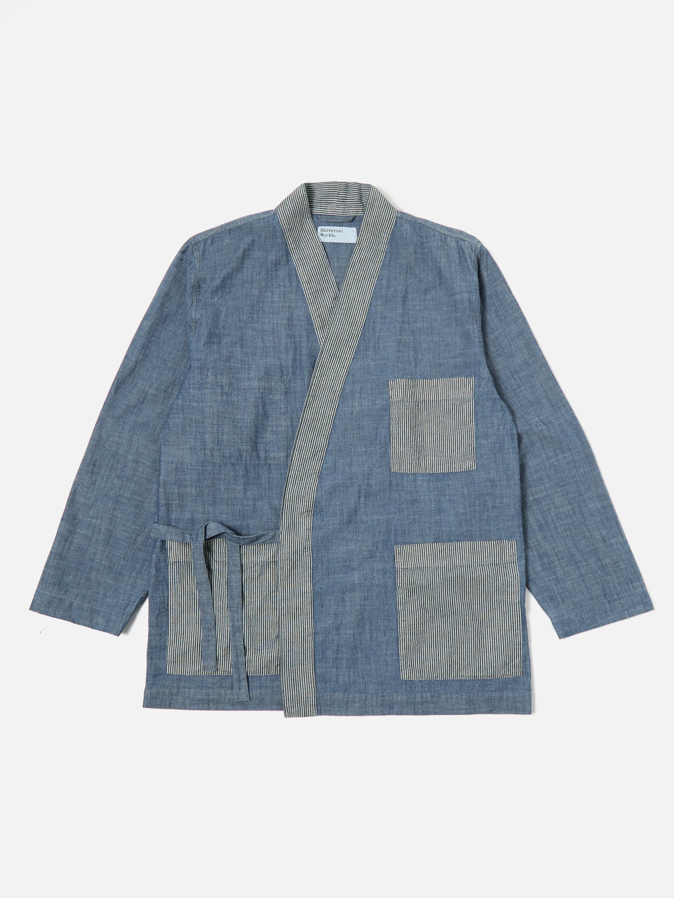 Universal Works Patched Kyoto Work Jacket in Indigo Chambray/Hickory Stripe Denim