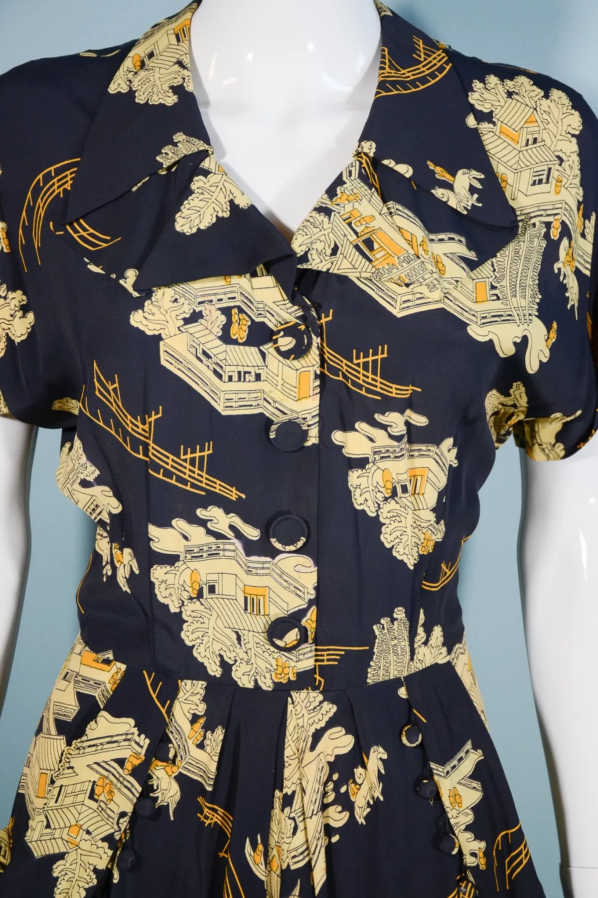 Vintage 40s Navy Asian Novelty Print Dress, Tassel Detail Draped Skirt 28" Waist