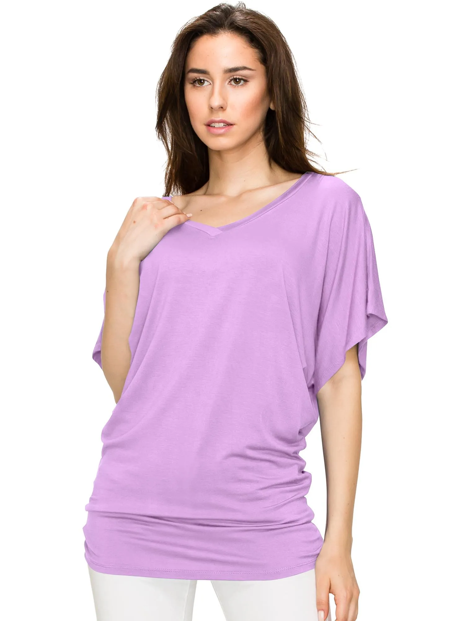 Women's Solid Short Sleeve V Neck Dolman Top